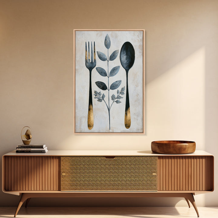 Minimal Fork Spoon and Herb Composition Framed Canvas Print, Dining Room Art, Wall Decor, Dining Room Decor, Fine Art, Dining, DRA-2x3-30