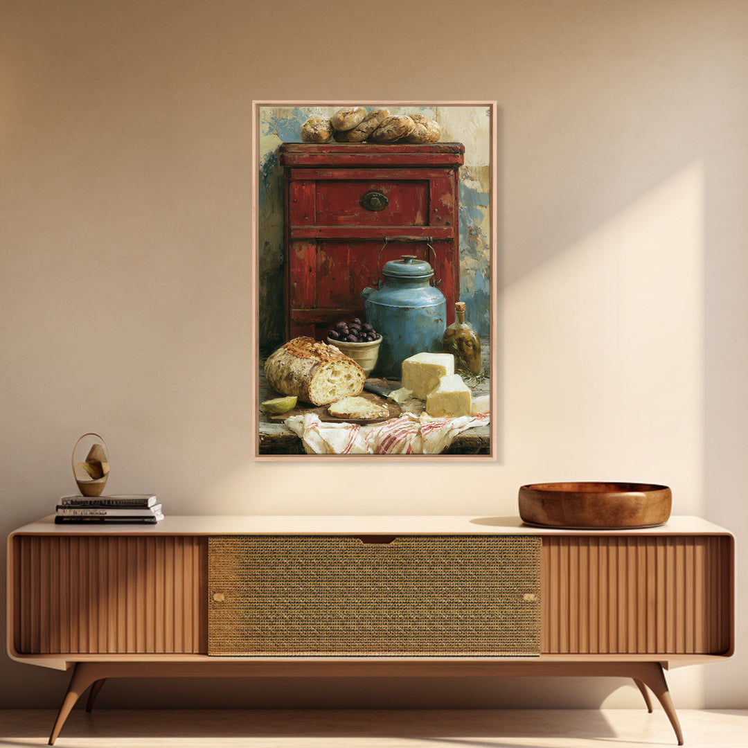 Rustic Bread Olives and Cheese Still Life Framed Canvas Print, Dining Room Art, Art Print, Dining Room Decor, Fine Art, Dining, DRA-2x3-38