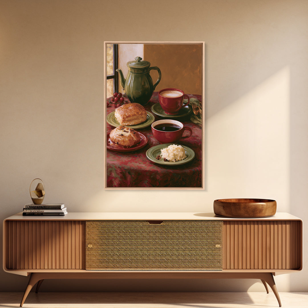 Coffee and Pastry Scene for Breakfast Nook Framed Canvas Print, Dining Room Art, Statement Artwork, Dining Room Decor, Dining, DRA-2x3-46