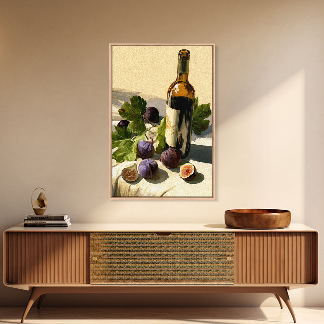 Wine Bottle and Figs on a Linen Framed Canvas Print, Dining Room Art, Boho Decor, Dining Room Decor, Abstract Art, Dining, DRA-2x3-59