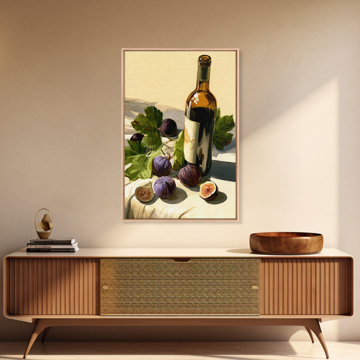 Wine Bottle and Figs on a Linen Framed Canvas Print, Dining Room Art, Boho Decor, Dining Room Decor, Abstract Art, Dining, DRA-2x3-59