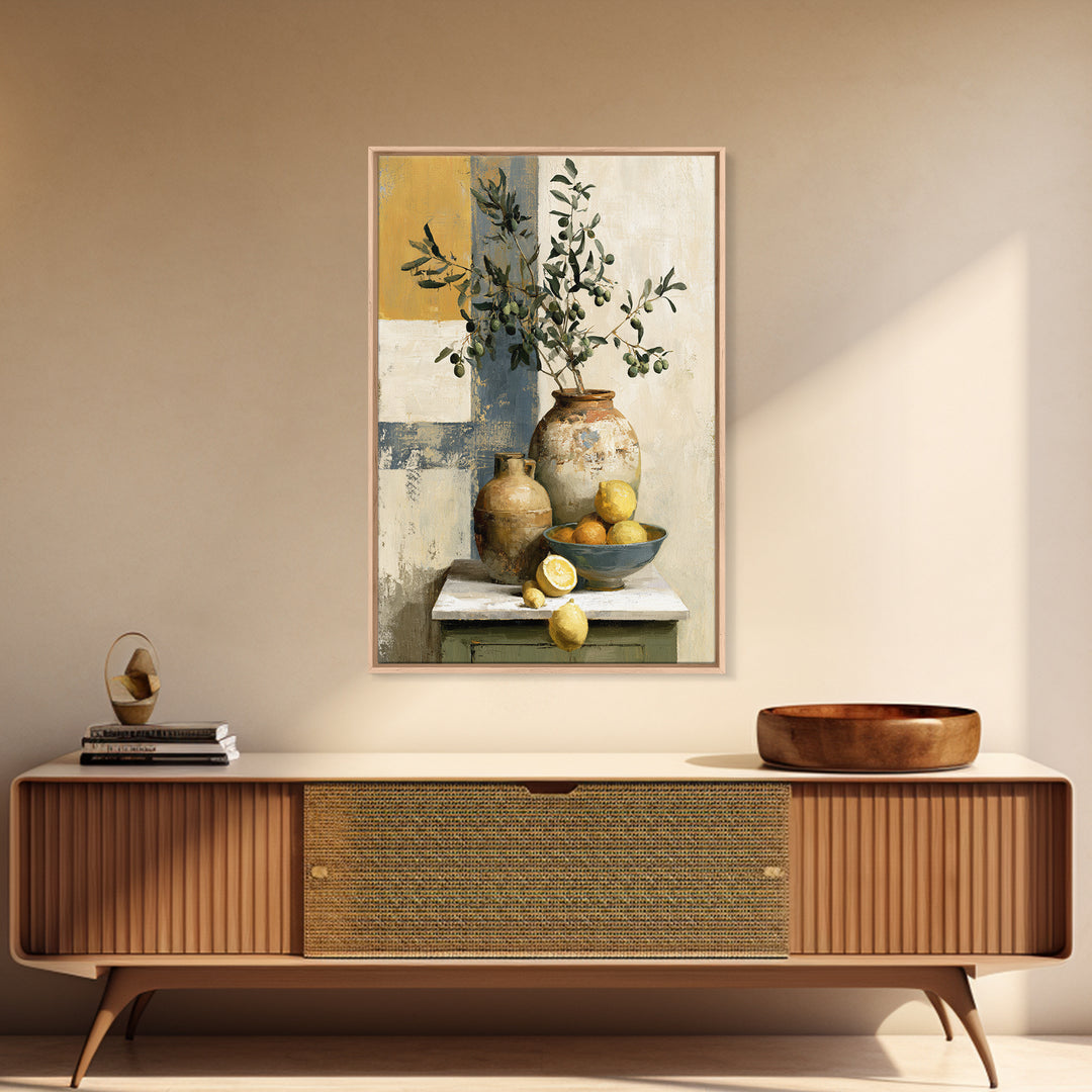 Mediterranean Olive Branch and Citrus Arrangement Canvas Print, Dining Room Art, Minimalist Decor, Dining Room Decor, Dining, DRA-2x3-68