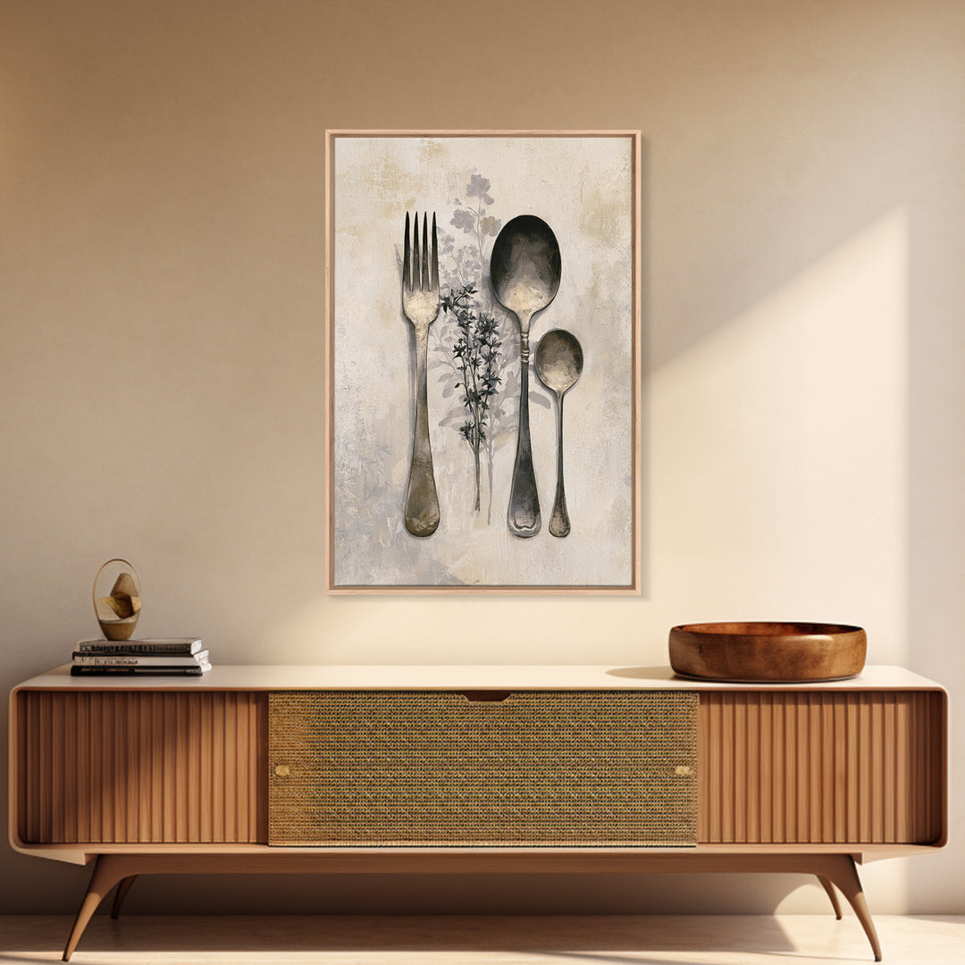 Minimal Fork Spoon and Herb Composition Framed Canvas Print, Dining Room Art, Minimalist Decor, Dining Room Decor, Dining, DRA-2x3-78