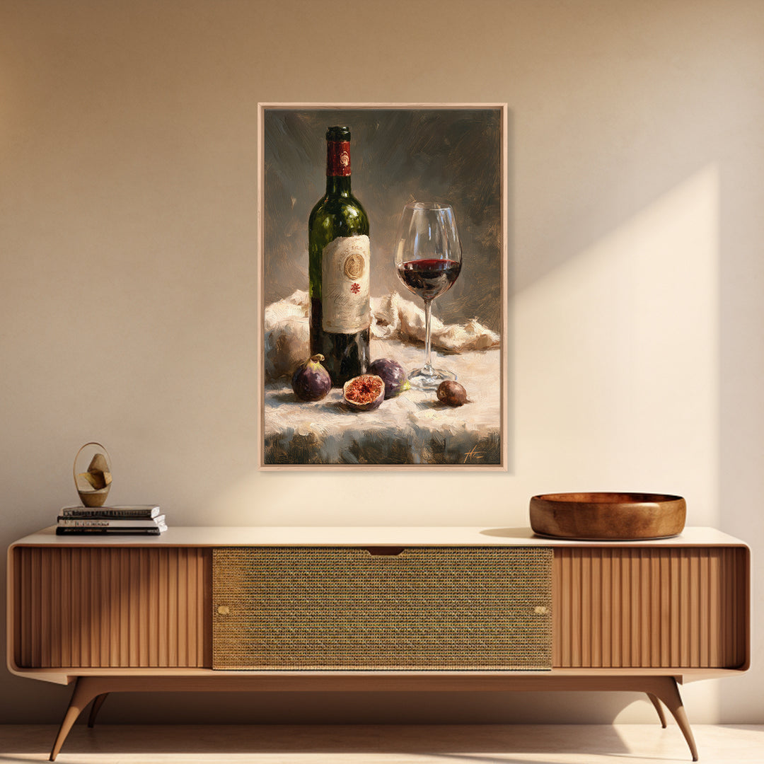 Wine Bottle and Figs on a Linen Framed Canvas Print, Dining Room Art, Print, Dining Room Decor, Dining, Living Room Decor, DRA-2x3-83