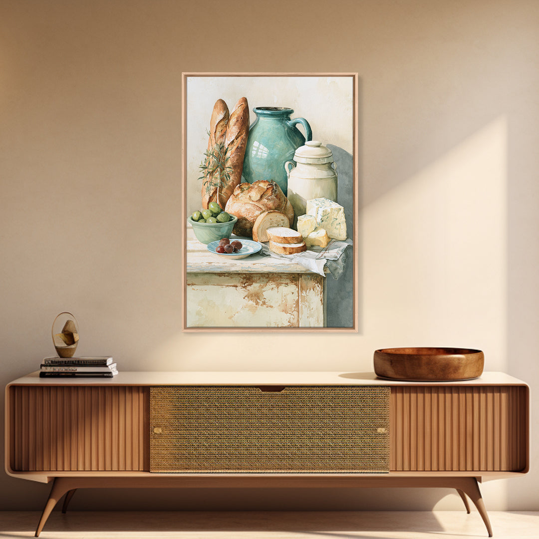 Rustic Bread Olives and Cheese Still Life Canvas Print, Dining Room Art, Wall Art, Dining Room Decor, Abstract Art, Dining, DRA-2x3-86