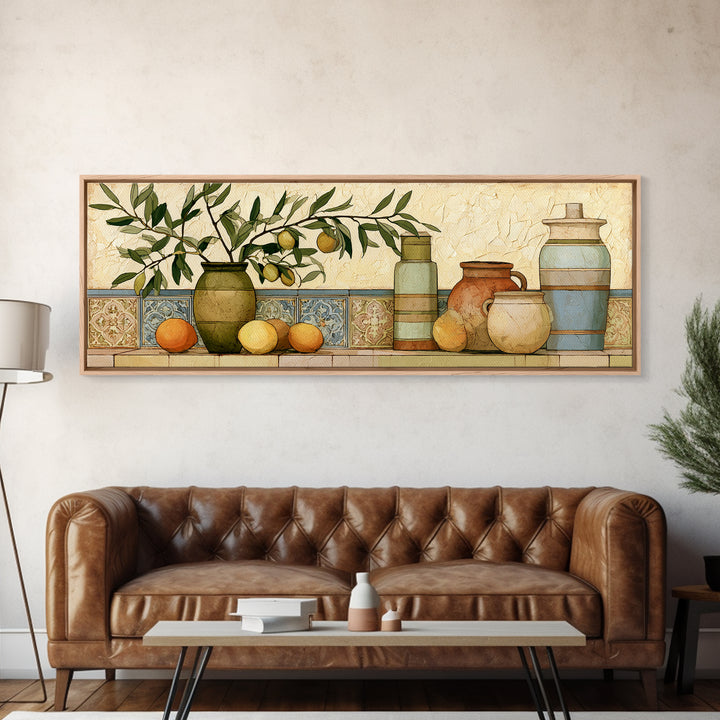 Mediterranean Olive Branch and Citrus Arrangement Canvas Print, Dining Room Art, Coastal Wall Art, Dining Room Decor, Dining, DRA-3x1-100
