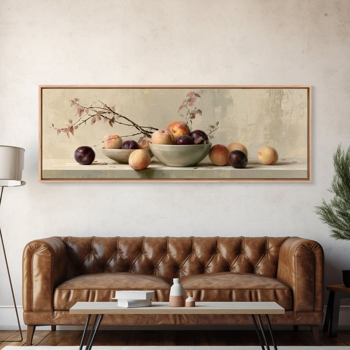 Peach and Plum Still Life Framed Canvas Print, Dining Room Art, Kitchen Wall Decor, Dining Room Decor, Fine Art, Dining, DRA-3x1-12