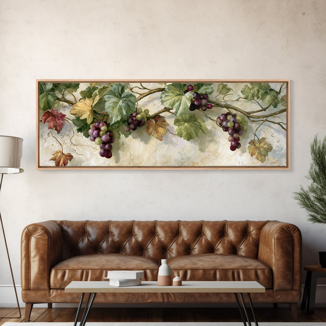 Botanical Grapevine with Leaves and Fruit Canvas Print, Dining Room Art, Dining Room Decor, Oil Painting, Dining, DRA-3x1-13