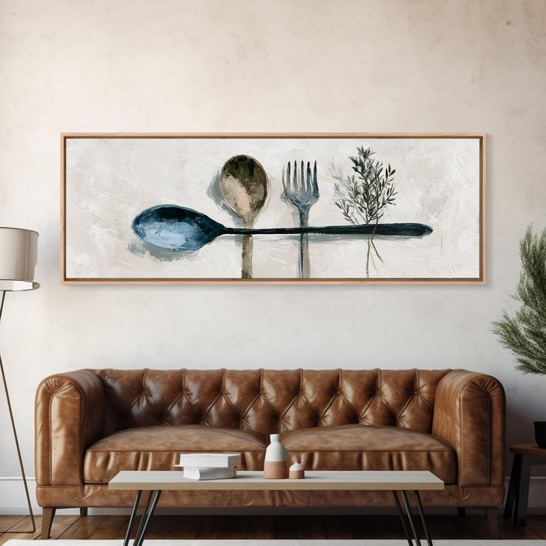 Minimal Fork Spoon and Herb Composition Canvas Print, Dining Room Art, Coastal Wall Art, Dining Room Decor, Fine Art, Dining, DRA-3x1-14