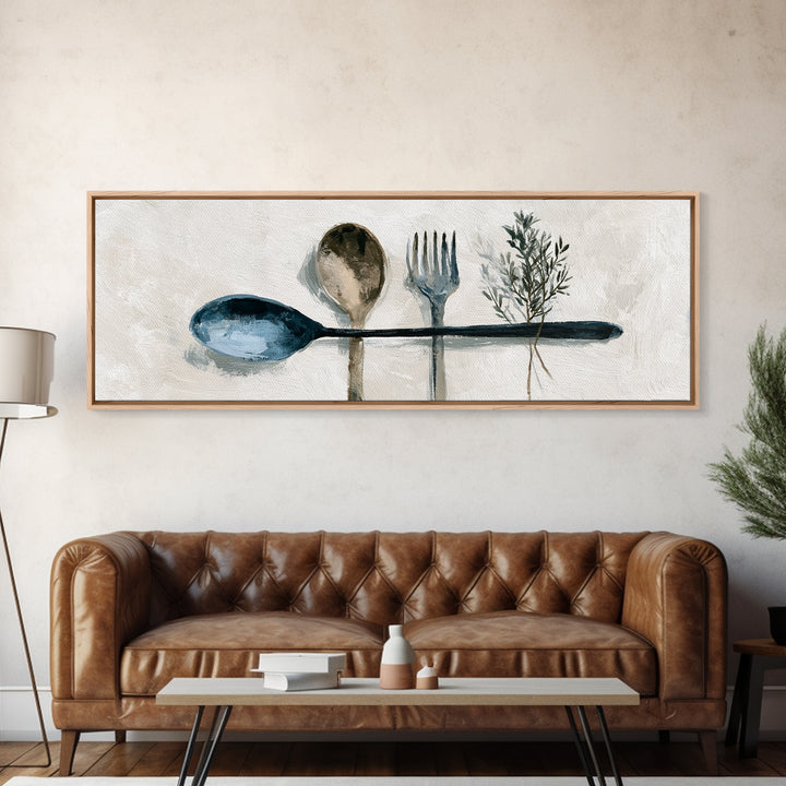 Minimal Fork Spoon and Herb Composition Canvas Print, Dining Room Art, Coastal Wall Art, Dining Room Decor, Fine Art, Dining, DRA-3x1-14