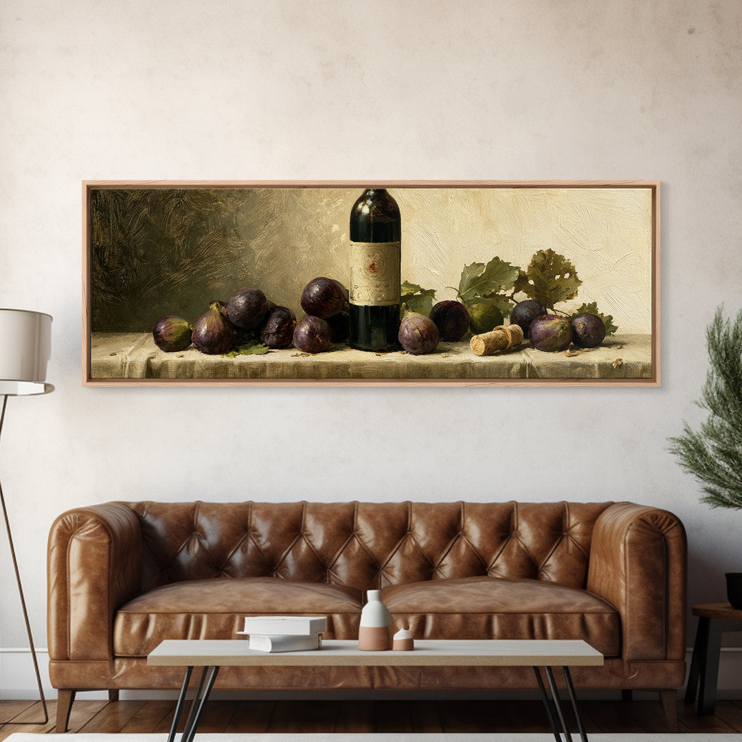 Wine Bottle and Figs on a Linen Canvas Print, Dining Room Art, Wall Decor, Dining Room Decor, Abstract Art, Dining, DRA-3x1-19