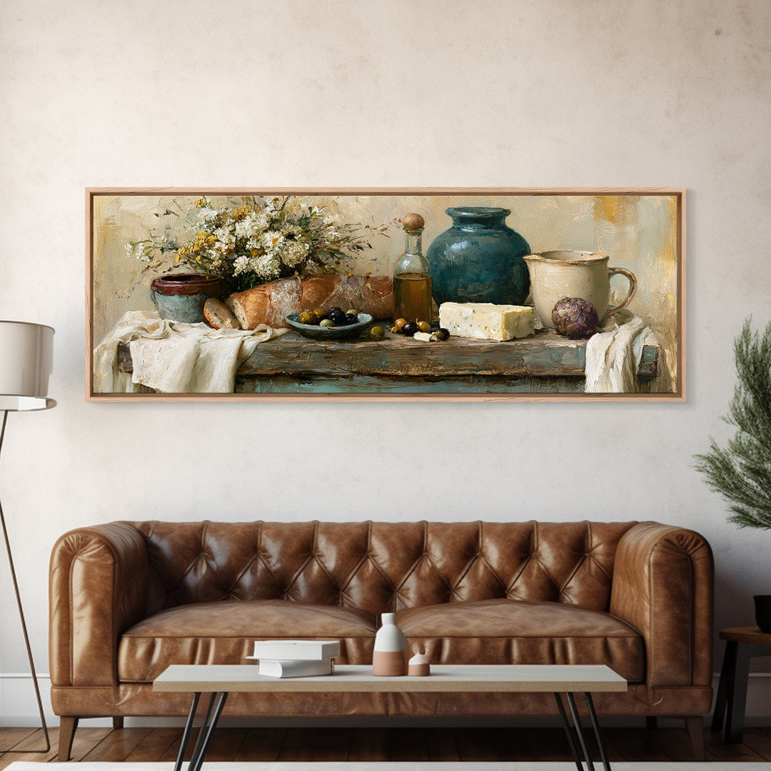 Rustic Bread Olives and Cheese Still Life Canvas Print, Dining Room Art, Neutral Decor, Dining Room Decor, Abstract Art, Dining, DRA-3x1-22
