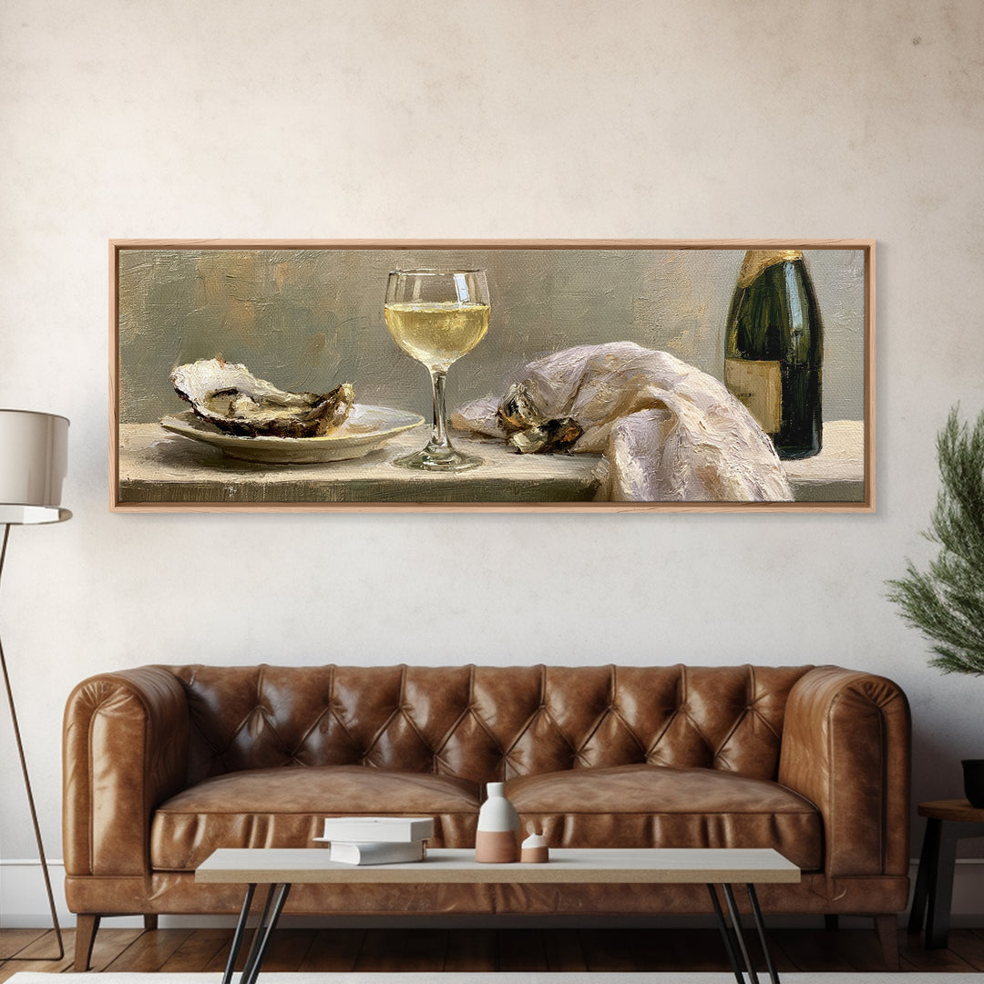 Elegant Oyster and Champagne Still Life Framed Canvas Print, Dining Room Art, Neutral Decor, Dining Room Decor, Dining, DRA-3x1-23