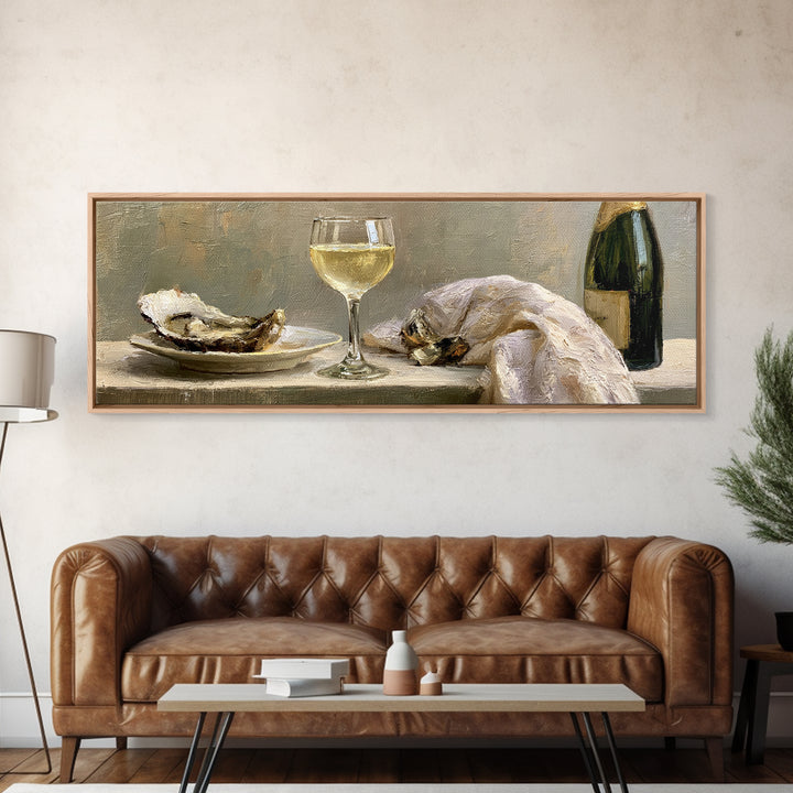 Elegant Oyster and Champagne Still Life Framed Canvas Print, Dining Room Art, Neutral Decor, Dining Room Decor, Dining, DRA-3x1-23