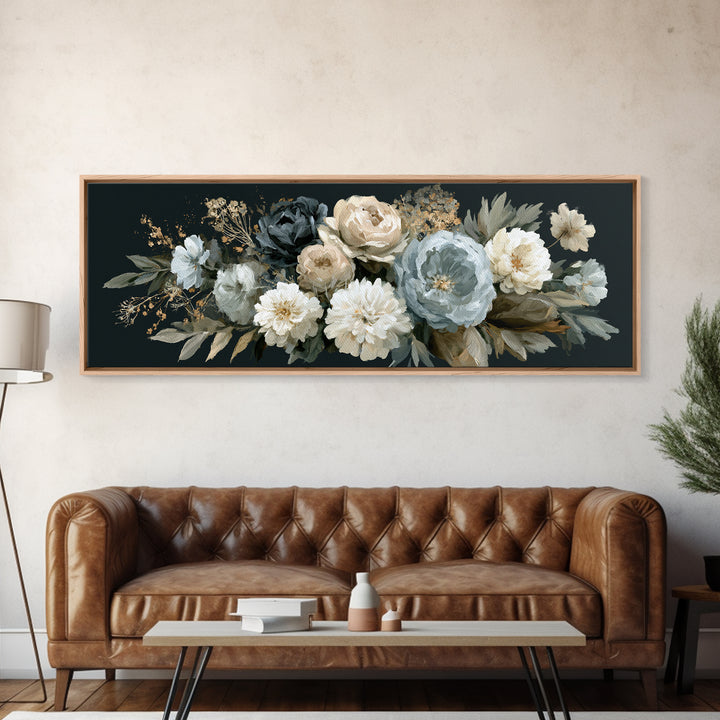 Moody Dark Background Bouquet for Formal Dining Framed Canvas Print, Dining Room Art, Modern Decor, Dining Room Decor, Dining, DRA-3x1-27