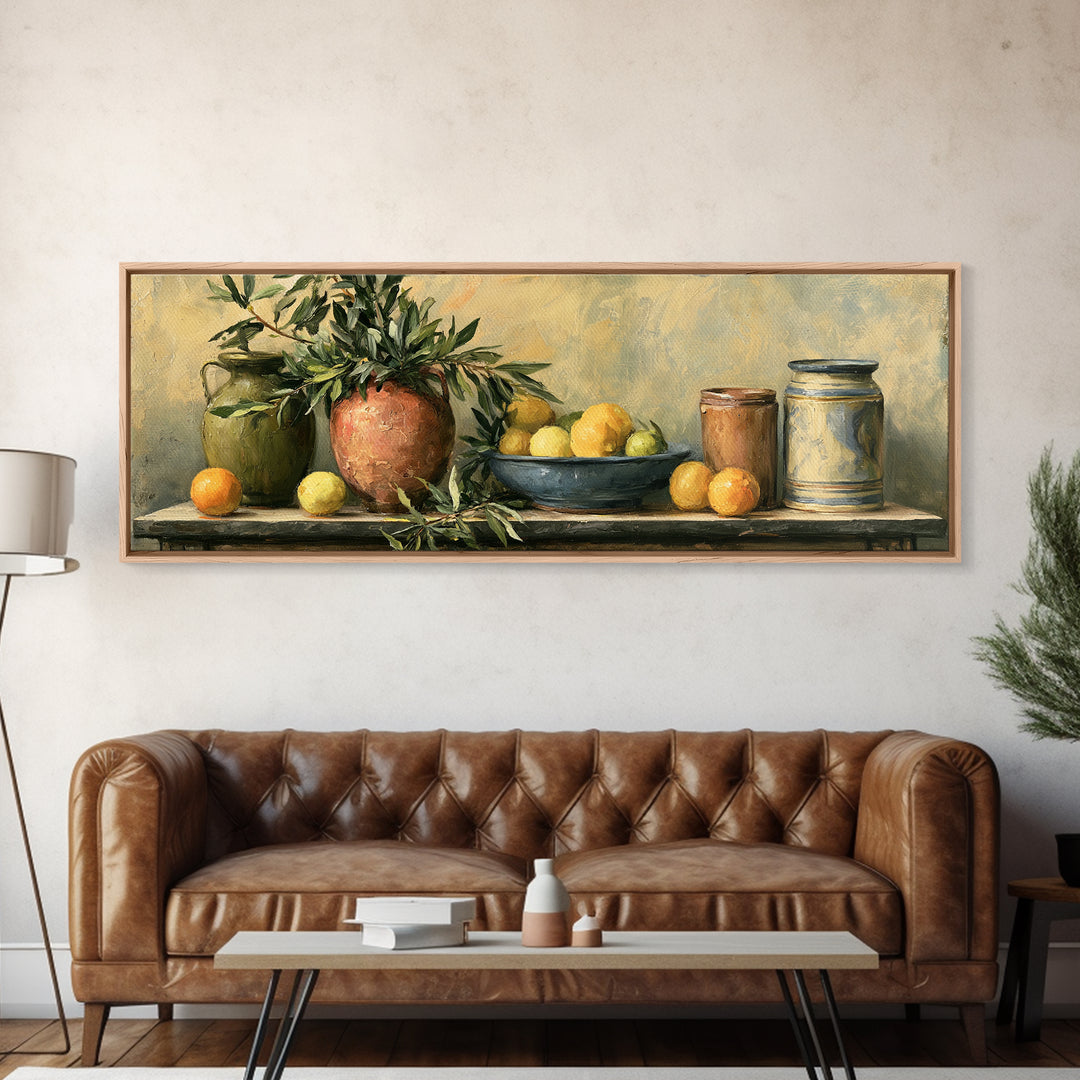 Mediterranean Olive Branch and Citrus Arrangement Canvas Print, Dining Room Art, Kitchen Prints, Dining Room Decor, Dining, DRA-3x1-28