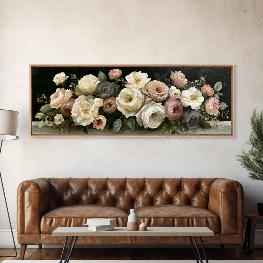 Moody Dark Background Bouquet for Formal Dining Canvas Print, Dining Room Art, Trendy Wall Art, Dining Room Decor, Dining, DRA-3x1-3