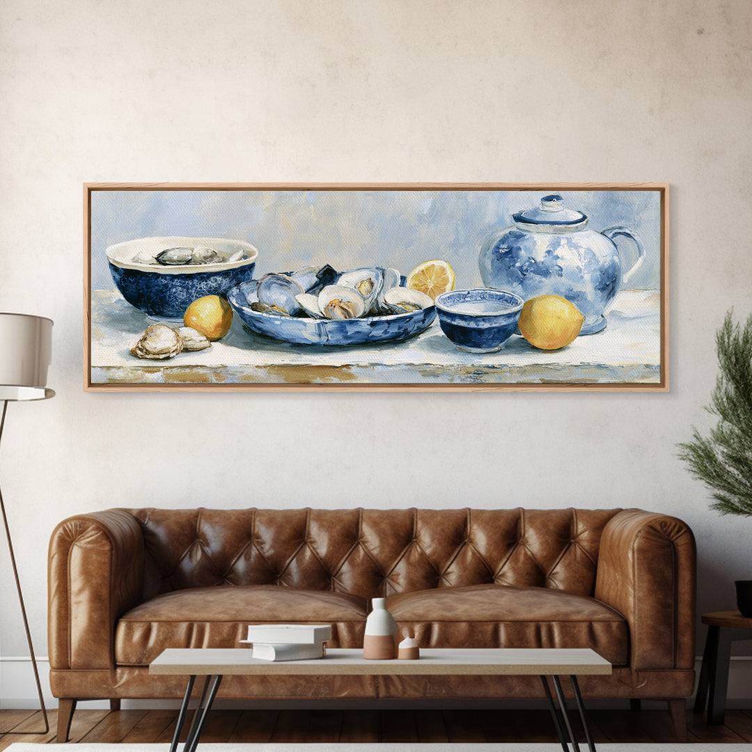 Shellfish and Lemon Still Life Framed Canvas Print, Dining Room Art, Trendy Wall Art, Dining Room Decor, Watercolor Art, Dining, DRA-3x1-32