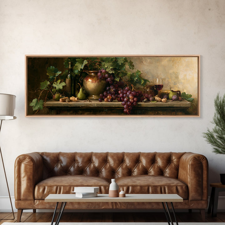 Botanical Grapevine with Leaves and Fruit Framed Canvas Print, Dining Room Art, Kitchen Decor, Dining Room Decor, DRA-3x1-37