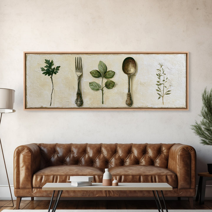 Minimal Fork Spoon and Herb Composition Canvas Print, Dining Room Art, Print, Dining Room Decor, Dining, Living Room Decor, DRA-3x1-38