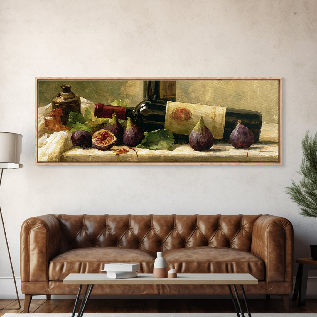 Wine Bottle and Figs on a Linen Canvas Print, Dining Room Art, Minimalist Decor, Dining Room Decor, Abstract Art, Dining, DRA-3x1-43