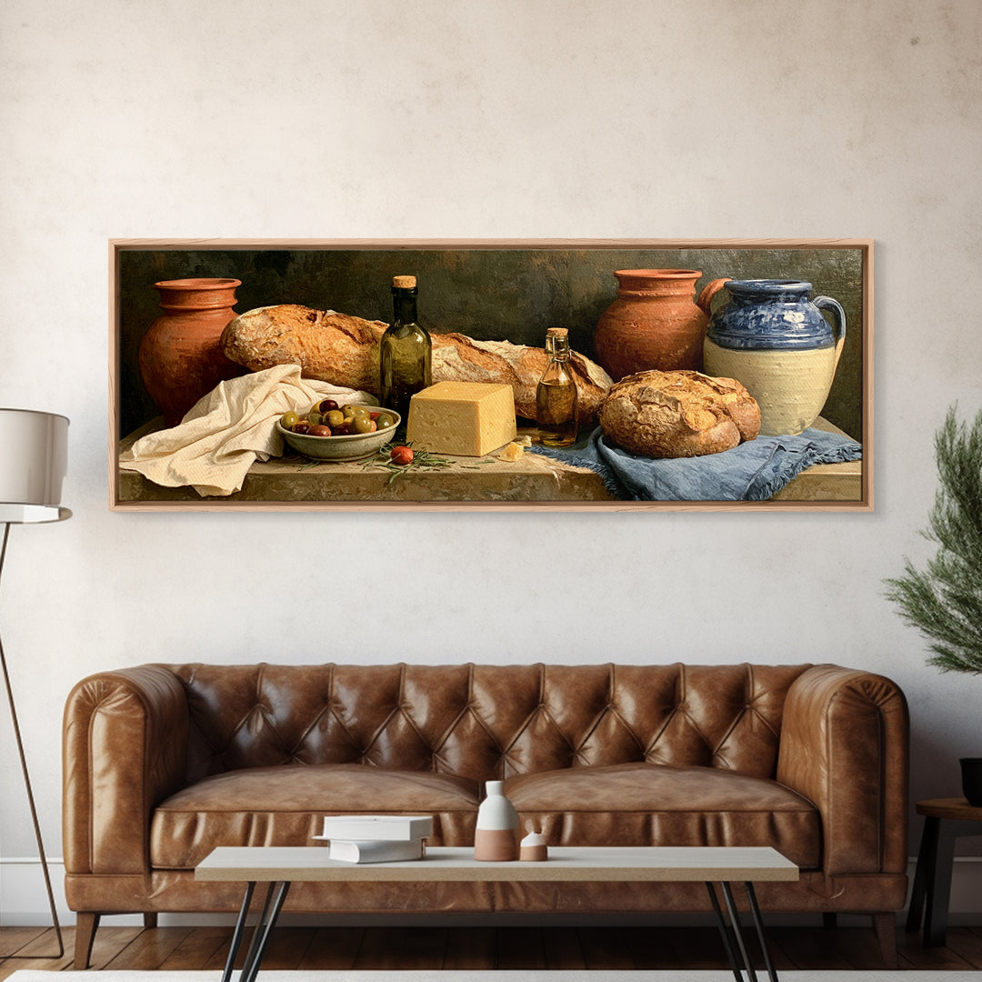 Rustic Bread Olives and Cheese Still Life Canvas Print, Dining Room Art, Kitchen Wall Art, Dining Room Decor, Fine Art, Dining, DRA-3x1-46