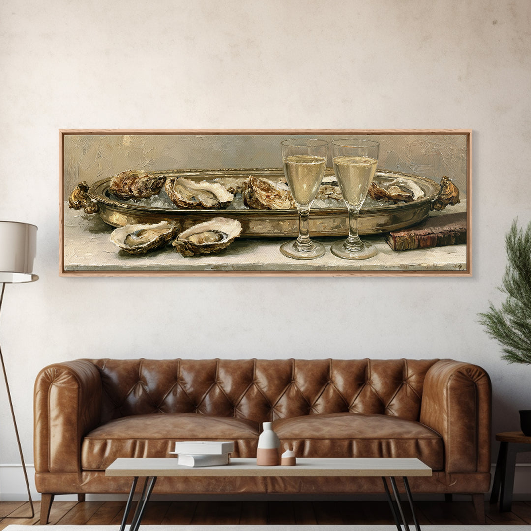 Elegant Oyster and Champagne Still Life Framed Canvas Print, Dining Room Art, Dining Room Decor, Oil Painting, Dining, DRA-3x1-47