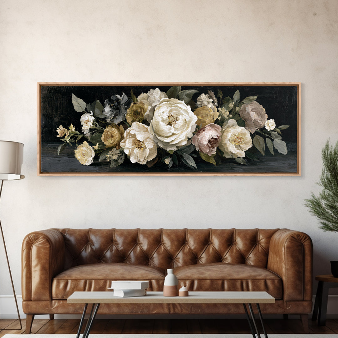 Moody Dark Background Bouquet for Formal Dining Framed Canvas Print, Dining Room Art, Wall Art, Dining Room Decor, Dining, DRA-3x1-51