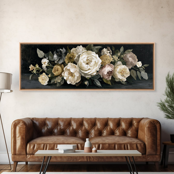 Moody Dark Background Bouquet for Formal Dining Framed Canvas Print, Dining Room Art, Wall Art, Dining Room Decor, Dining, DRA-3x1-51