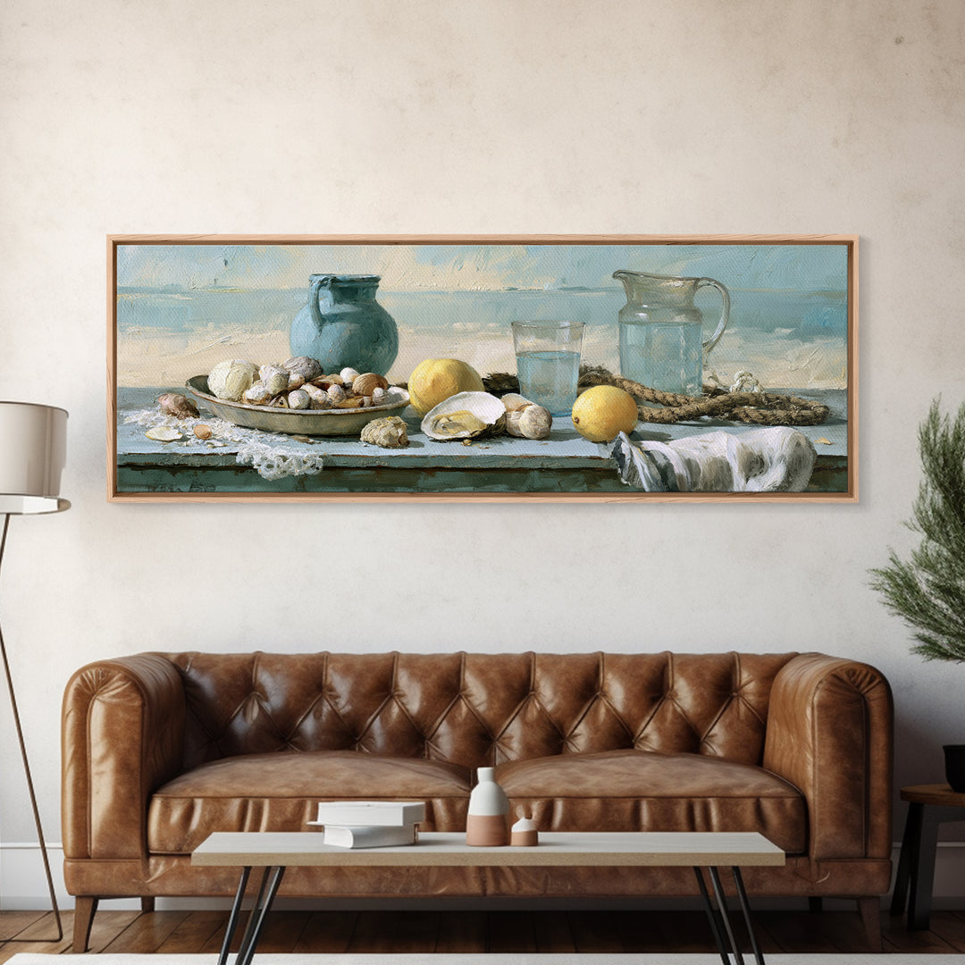Shellfish and Lemon Still Life Framed Canvas Print, Dining Room Art, Art Print, Dining Room Decor, Dining, Abstract Art, DRA-3x1-56
