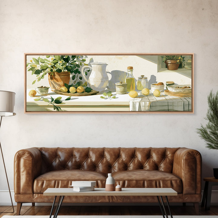 Sunlit Farmhouse Table Objects Without Room View Framed Canvas Print, Dining Room Art, Kitchen Art, Dining Room Decor, Dining, DRA-3x1-57