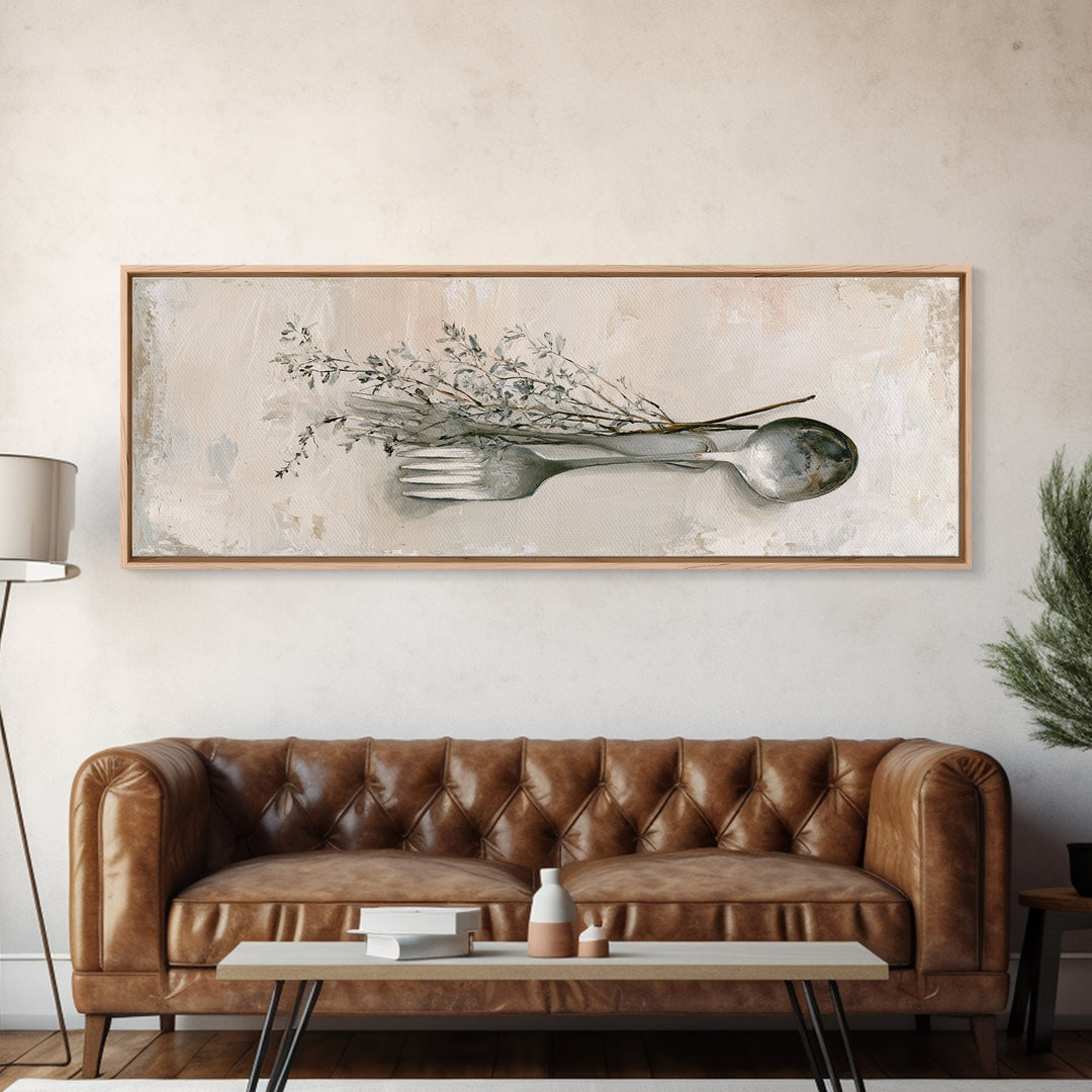 Minimal Fork Spoon and Herb Composition Canvas Print, Dining Room Art, Coastal Decor, Dining Room Decor, Oil Painting, Dining, DRA-3x1-62