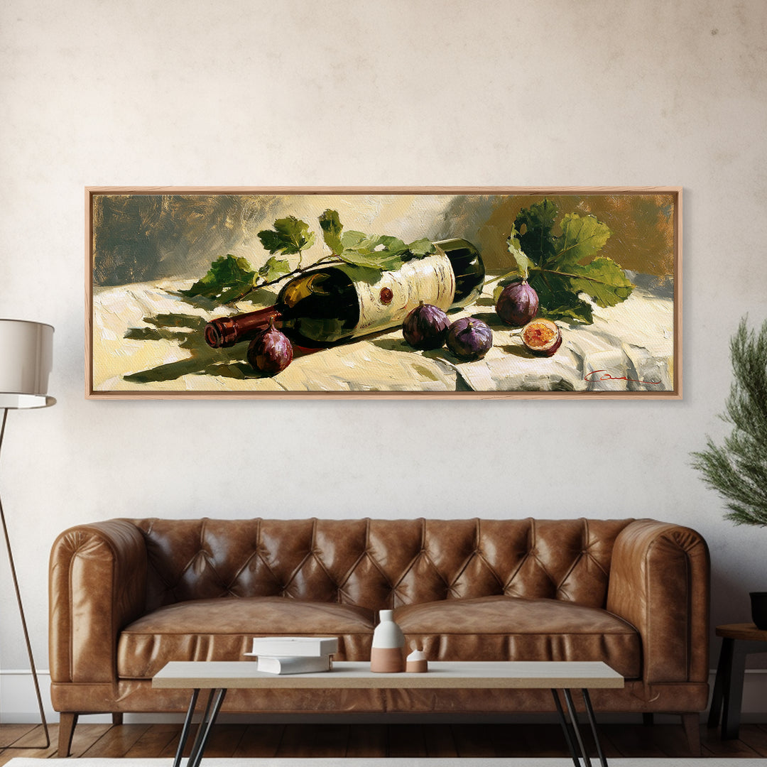 Wine Bottle and Figs on a Linen Framed Canvas Print, Dining Room Art, Printable Wall Art, Dining Room Decor, Fine Art, Dining, DRA-3x1-67