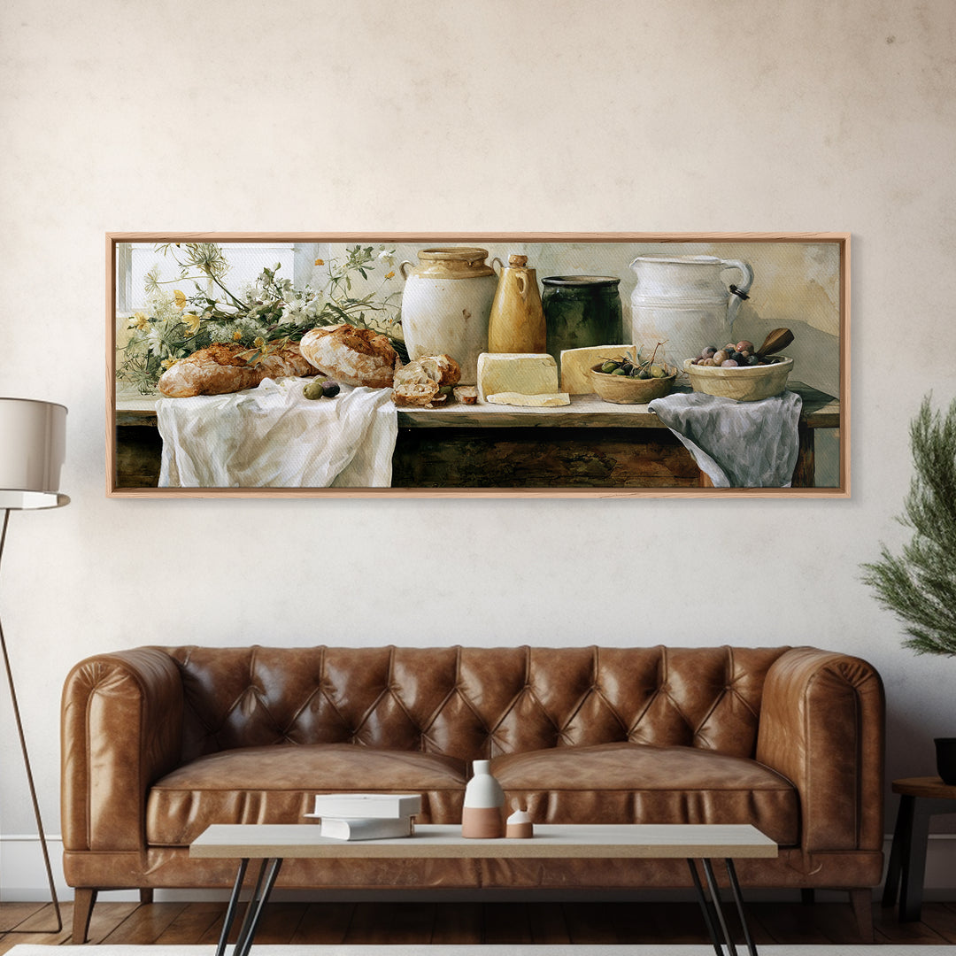 Rustic Bread Olives and Cheese Still Life Canvas Print, Dining Room Art, Modern Decor, Dining Room Decor, Oil Painting, Dining, DRA-3x1-70