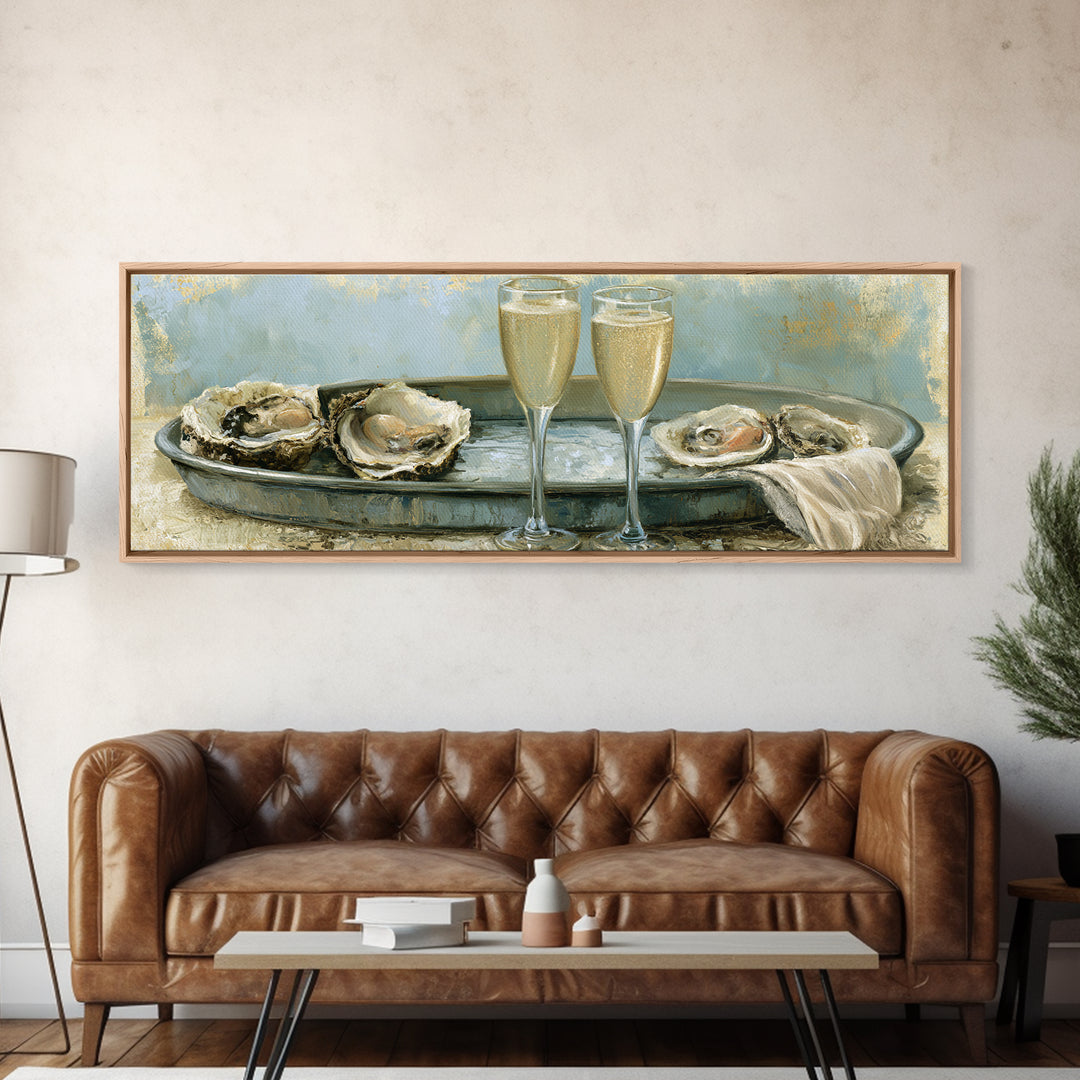 Elegant Oyster and Champagne Still Life Canvas Print, Dining Room Art, Large Wall Art, Dining Room Decor, Fine Art, Dining, DRA-3x1-71