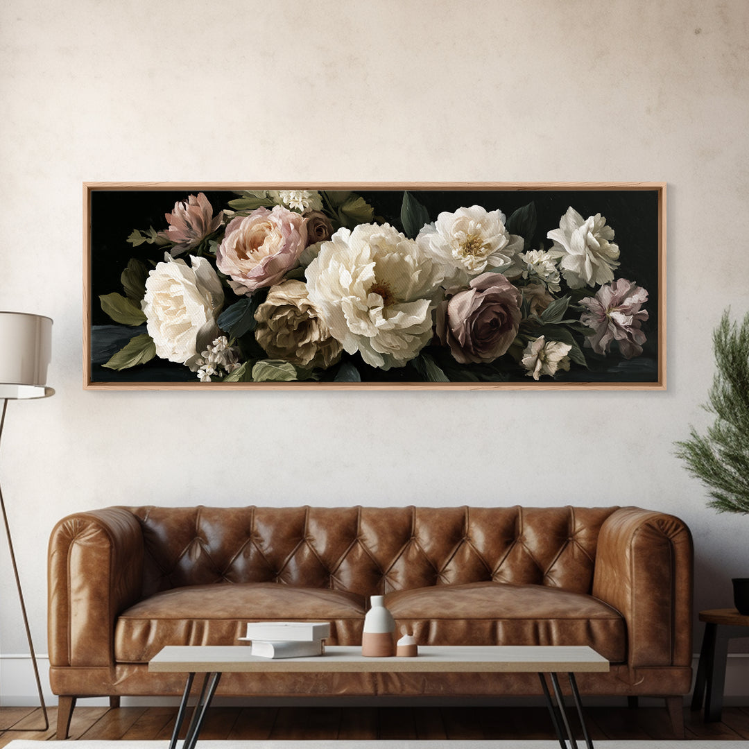 Moody Dark Background Bouquet for Formal Dining Canvas Print, Dining Room Art, Canvas Wall Art, Dining Room Decor, Dining, DRA-3x1-75