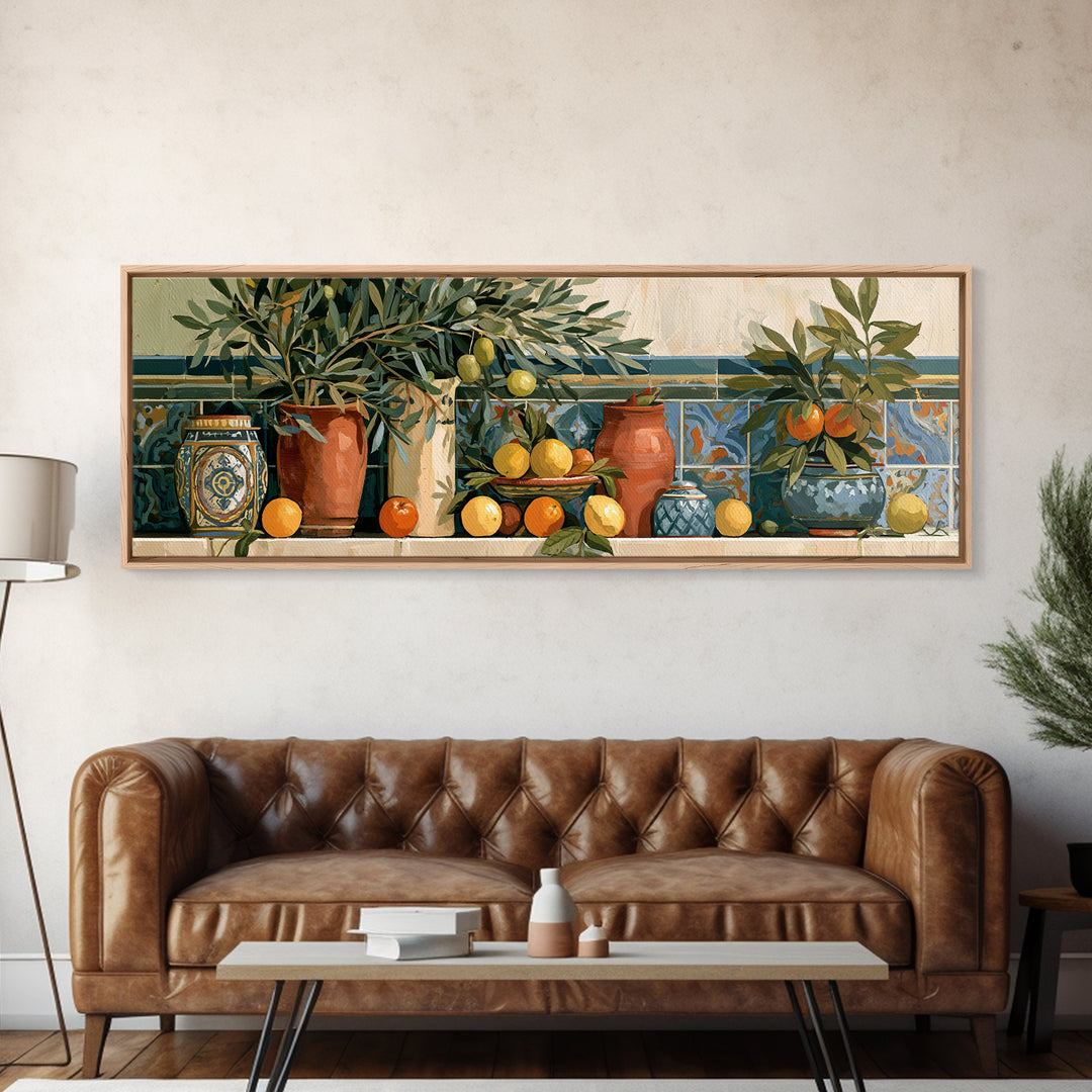 Mediterranean Olive Branch and Citrus Arrangement Canvas Print, Dining Room Art, Contemporary Art, Dining Room Decor, Dining, DRA-3x1-76
