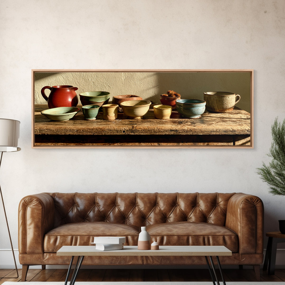 Sunlit Farmhouse Table Objects Without Room View Framed Canvas Print, Dining Room Art, Kitchen Art, Dining Room Decor, Dining, DRA-3x1-81