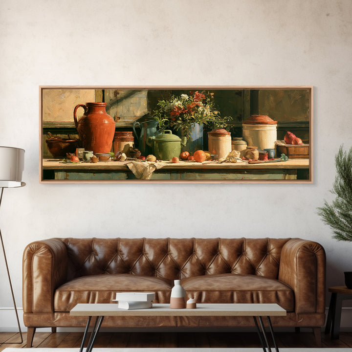 Sunlit Farmhouse Table Objects Without Room View Framed Canvas Print, Dining Room Art, Print, Dining Room Decor, Dining, DRA-3x1-9