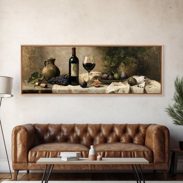 Wine Bottle and Figs on a Linen Canvas Print, Dining Room Art, Dining Room Wall Art, Dining Room Decor, Abstract Art, Dining, DRA-3x1-91