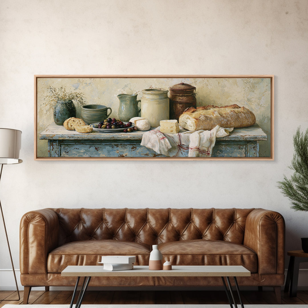 Rustic Bread Olives and Cheese Still Life Canvas Print, Dining Room Art, Dining Room Decor, Watercolor Art, Dining, DRA-3x1-94
