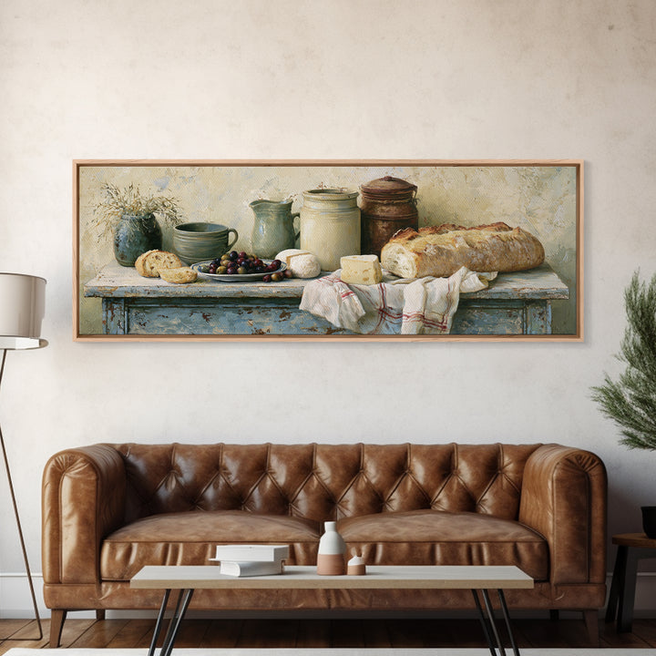 Rustic Bread Olives and Cheese Still Life Canvas Print, Dining Room Art, Dining Room Decor, Watercolor Art, Dining, DRA-3x1-94