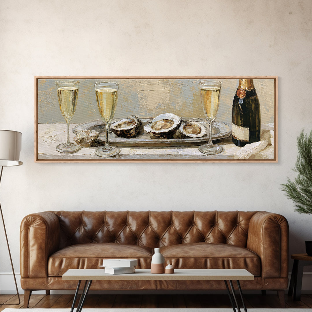 Elegant Oyster and Champagne Still Life Canvas Print, Dining Room Art, Gallery Decor, Dining Room Decor, Oil Painting, Dining, DRA-3x1-95