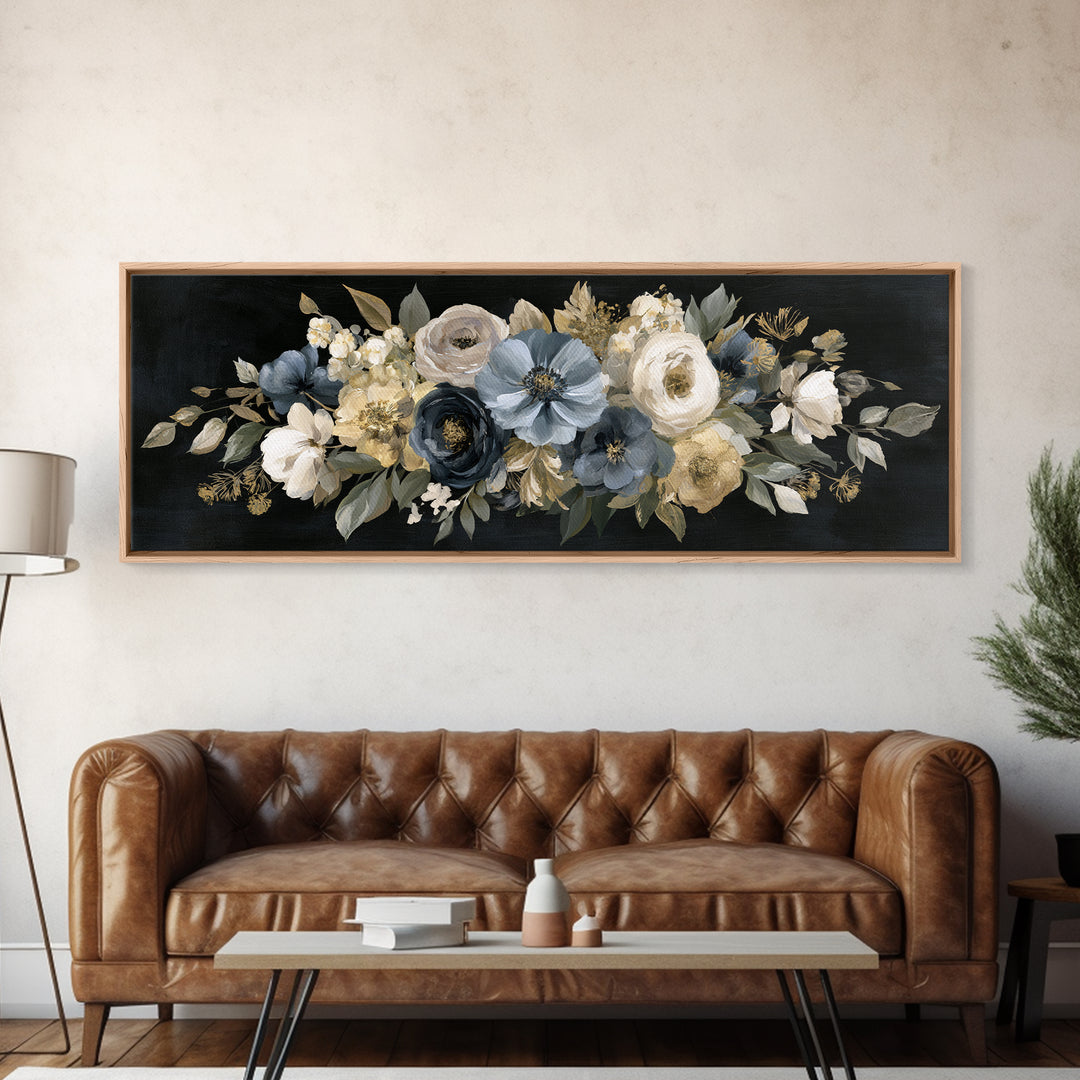 Moody Dark Background Bouquet for Formal Dining Framed Canvas Print, Dining Room Art, Wall Decor, Dining Room Decor, Dining, DRA-3x1-99