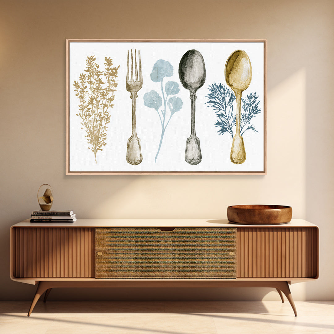 Minimal Fork Spoon and Herb Composition Framed Canvas Print, Dining Room Art, Minimalist Decor, Dining Room Decor, Dining, DRA-3x2-2