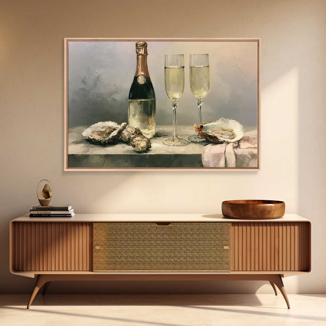 Elegant Oyster and Champagne Still Life Framed Canvas Print, Dining Room Art, Living Room Decor, Dining Room Decor, Dining, DRA-3x2-35