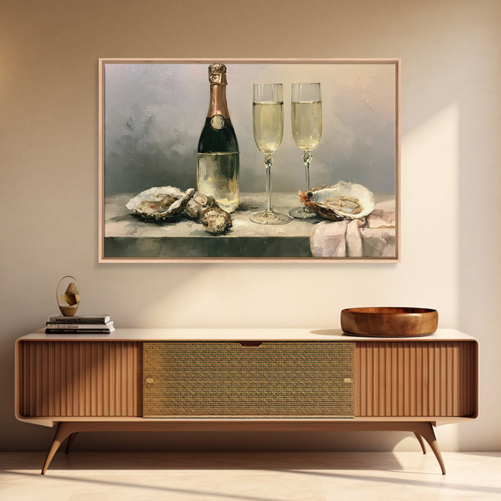 Elegant Oyster and Champagne Still Life Framed Canvas Print, Dining Room Art, Living Room Decor, Dining Room Decor, Dining, DRA-3x2-35
