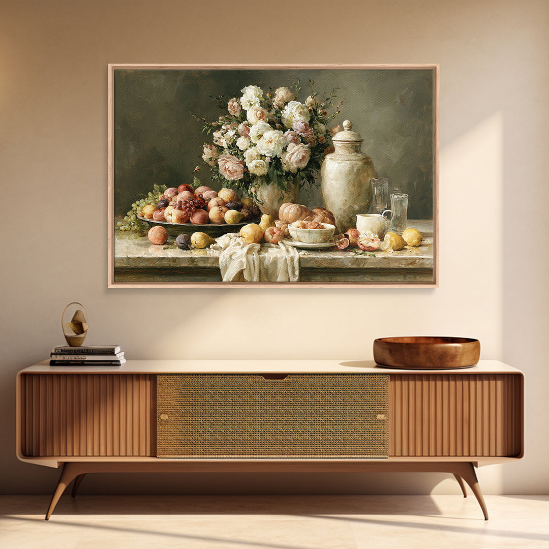 Classic Dutch Feast Arrangement Framed Canvas Print, Dining Room Art, Food Art, Dining Room Decor, Oil Painting, Dining, DRA-3x2-47