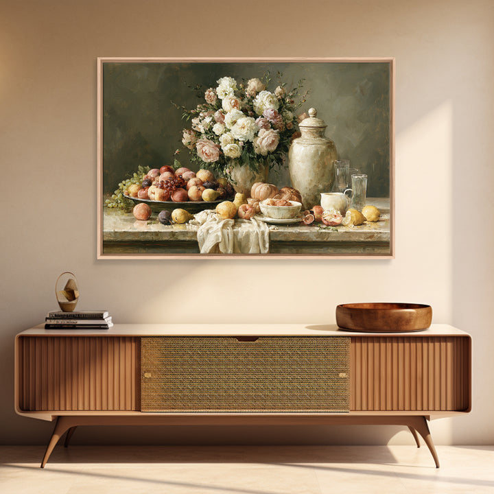 Classic Dutch Feast Arrangement Framed Canvas Print, Dining Room Art, Food Art, Dining Room Decor, Oil Painting, Dining, DRA-3x2-47