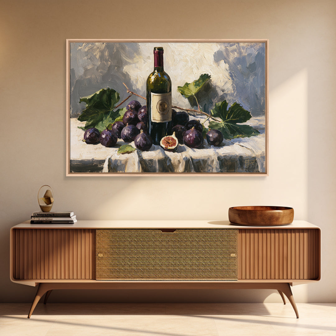 Wine Bottle and Figs on a Linen Framed Canvas Print, Dining Room Art, Boho Decor, Dining Room Decor, Abstract Art, Dining, DRA-3x2-55